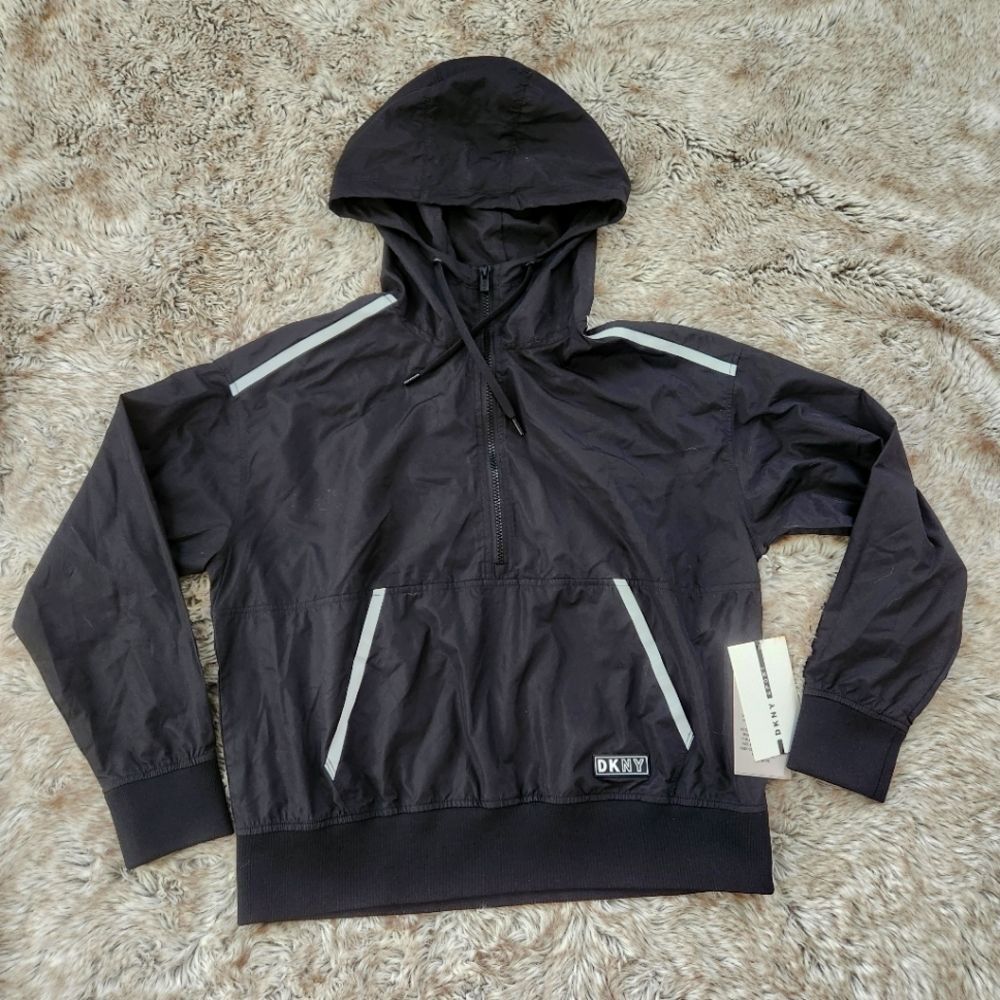 DKNY Sport Hooded Windbreaker Jacket Black with Reflective‎ Strips Size XS
